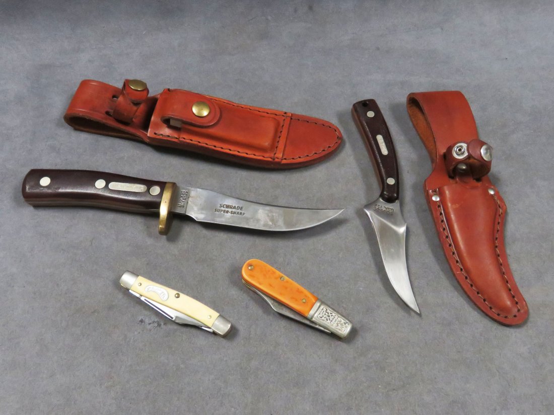 LOT (4) ASSORTED SCHRADE KNIVES: LOT (4) ASSORTED SCHRADE KNIVES INCLUDING 160OT WITH STONE AND SHEATH; 152OT WITH SHEATH; 206 GRAND DAD'S BARLOW; 4132 IMPERIAL FRONTIER