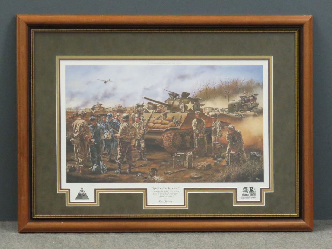 RICK REEVES (AMERICAN 20TH CENTURY), WWII: RICK REEVES (AMERICAN 20TH CENTURY), WWII OFFSET LITHOGRAPH, "SPEARHEAD TO THE RHINE"-12TH ARMORED DIV, 3RD ARMY, WEST OF THE RHINE, 1945, ARTIST SIGNED, #58/200, 1990. SIGHT 16 X 23 1/2"; FRAMED AND 
