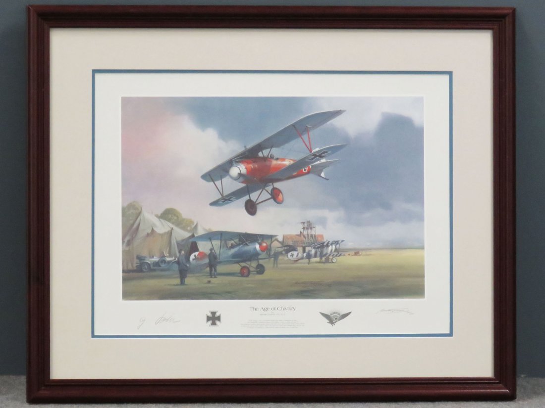 MICHAEL TURNER (BRITISH 20TH CENTURY), WWI AVIATIO: MICHAEL TURNER (BRITISH 20TH CENTURY), WWI AVIATION OFFSET LITHOGRAPH, "THE AGE OF CHIVALRY"-1917, ARTIST SIGNED AND GERMAN WWI ACE GUSTAV BOEHL, 1985. SIGHT 18 1/2 X 23"; FRAMED AND GLAZED-25 X 32"