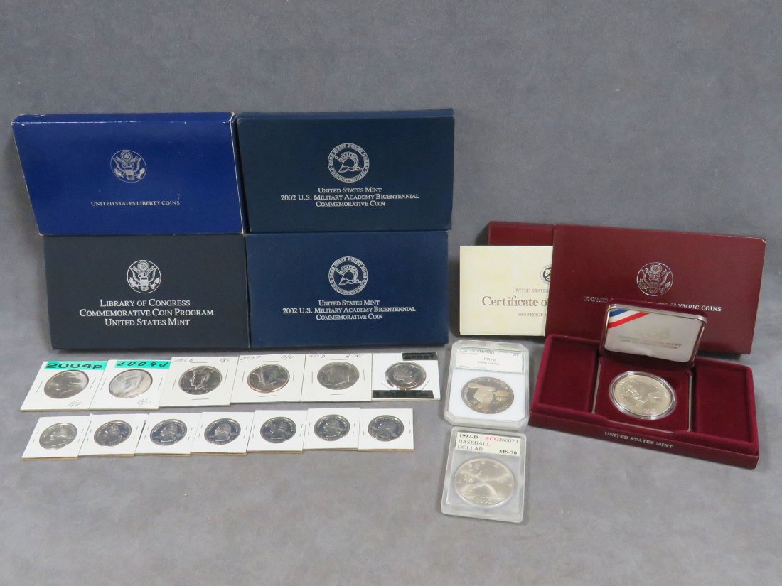 LOT (21) INCLUDING US COMMEMORATIVE SILVER COINS;: LOT (21) INCLUDING US COMMEMORATIVE SILVER COINS; 1984, 1988 AND 1992 OLYMPICS; 2002 WEST POINT; 2000 LIBRARY OF CONGRESS; 1986 LIBERTY SET; (5) KENNEDY HALVES (B/U); (7) STATE QUARTERS (PROOF); 1981-