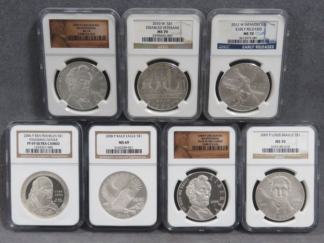 LOT (7) ASSORTED COMMEMORATIVE SILVER DOLLAR COINS: LOT (7) ASSORTED COMMEMORATIVE SILVER DOLLAR COINS INCLUDING 2006-P BEN FRANKLIN (PE-69 ULTRA CAMEO); 2008-P BALD EAGLE (MS-69); (2) 2009-P LINCOLN (MS-70 & PF-69 ULTRA CAMEO); 2009-P LOUIS BRAILLE (M