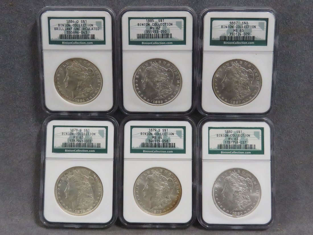 THE BINION COLLECTION LOT (6) ASSORTED MORGAN: THE BINION COLLECTION LOT (6) ASSORTED MORGAN SILVER DOLLAR COINS INCLUDING 1878-S (MS-63); 1887 (MS-63); 1885 (MS-62); 1884-O (BU); 1880 (MS-63); 1879-S (MS-64)