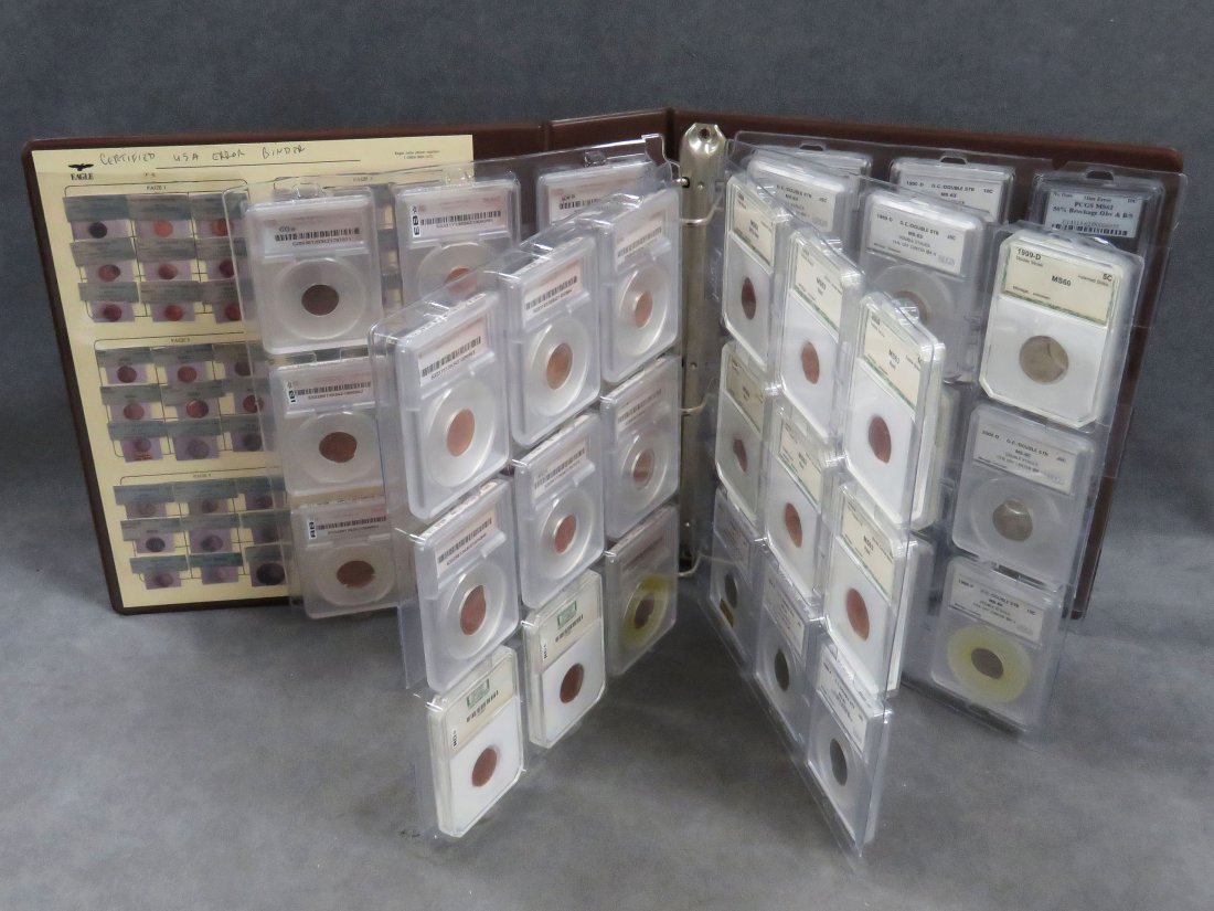 BINDER LOT (45) ASSORTED US HIGH GRADE ERROR COINS: BINDER LOT (45) ASSORTED US HIGH GRADE ERROR COINS INCLUDING (24) LINCOLN HEAD CENTS, (9) JEFFERSON NICKELS; (7) ROOSEVELT DIMES, (4) WASHINGTON QUARTERS, (1) KENNEDY HALF
