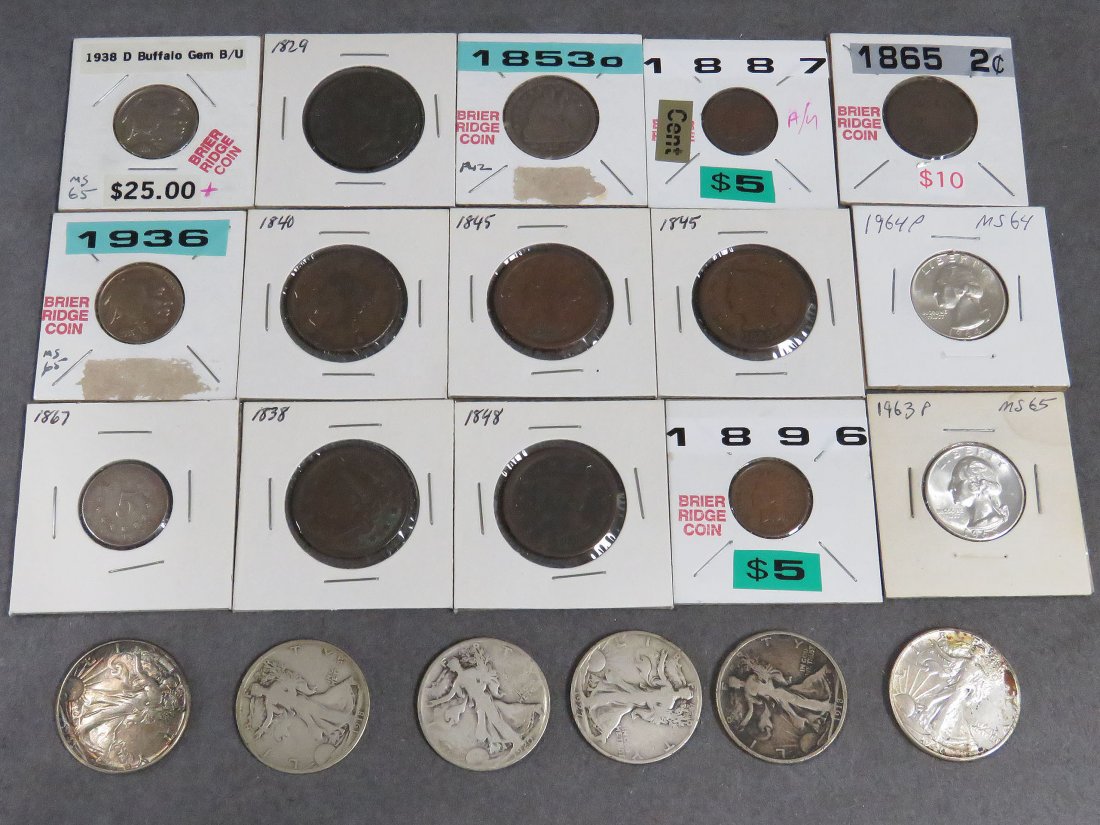 LOT (21) ASSORTED US COINS: LOT (21) ASSORTED US COINS INCLUDING (6) LARGE CENTS; (2) INDIAN HEAD CENTS; 1865 2-CENT; 1867 NICKEL; (2) BUFFALO NICKELS (BU); 1853O SILVER QUARTER; 1964 SILVER QUARTER (MS-64); 1963 SILVER QUARTER 