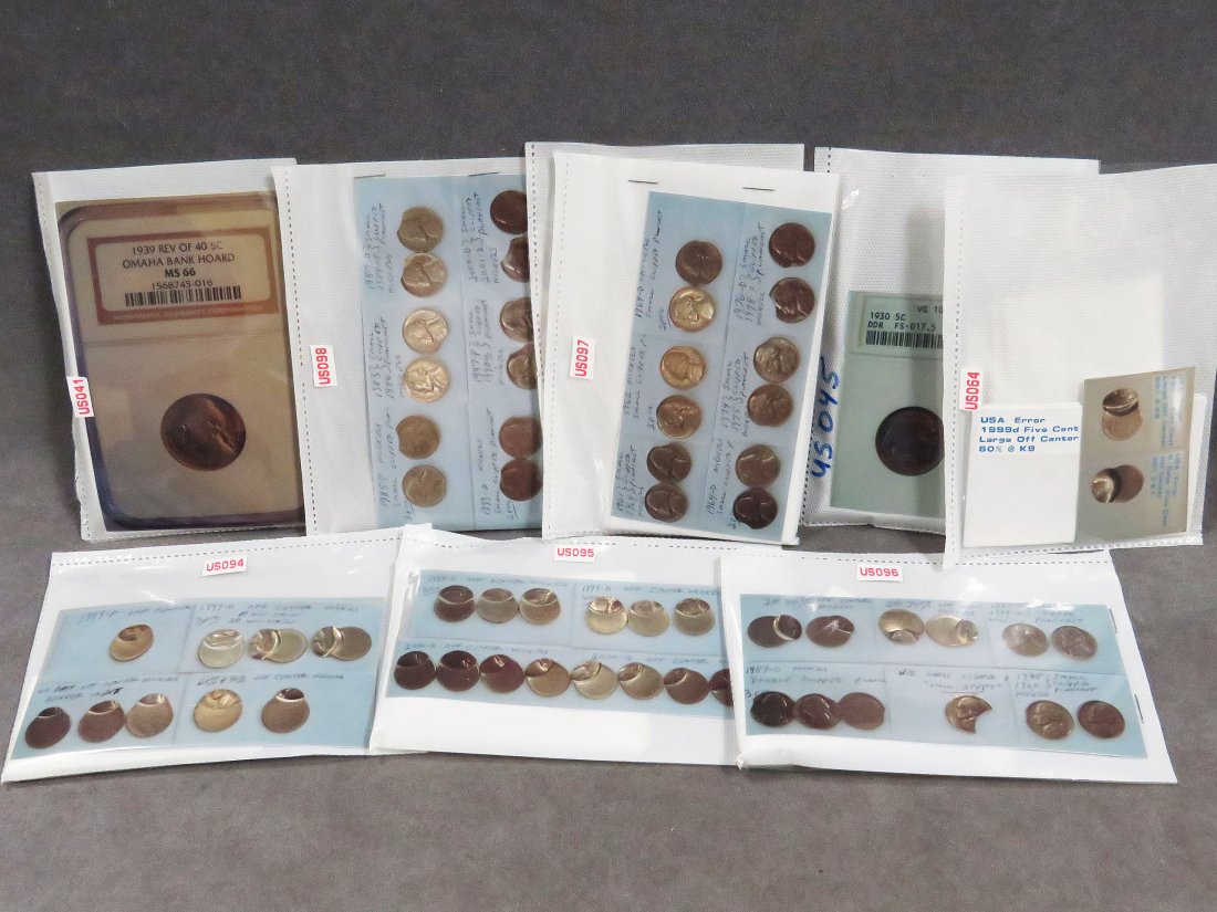 LOT (74) ASSORTED JEFFERSON AND BUFFALO NICKEL: LOT (74) ASSORTED JEFFERSON AND BUFFALO NICKEL ERROR COINS INCLUDING 1939 REVERSE OF 40, NGC (MS-66), OMAHA BANK HOARD; 1930 BUFFALO, DOUBLE DIE REVERSE, FS-017.5 DIEL, ANACS (VG-10)