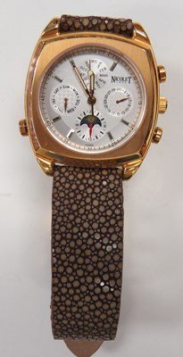 NICOLET ROSE GOLD PLATED STAINLESS, 27-JEWEL WATCH: NICOLET ROSE GOLD PLATED STAINLESS, 27-JEWEL AUTOMATIC CHRONOGRAPH WRISTWATCH WITH STINGRAY DEPLOYANT BAND