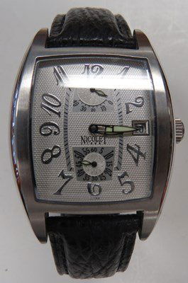 NICOLET STAINLESS, 21-JEWEL AUTOMATIC POWER WATCH: NICOLET STAINLESS, 21-JEWEL AUTOMATIC POWER RESERVE WRISTWATCH WITH SHARK SKIN DEPLOYANT BAND