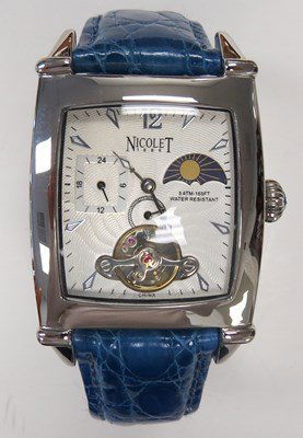 NICOLET STAINLESS, 22-JEWEL AUTOMATIC WATCH: NICOLET STAINLESS, 22-JEWEL AUTOMATIC MOON PHASE WRISTWATCH WITH ALLIGATOR DEPLOYANT BAND