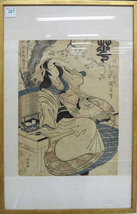 JAPANESE WOODBLOCK PRINT, WOMAN IN GARDEN (1 of 3)