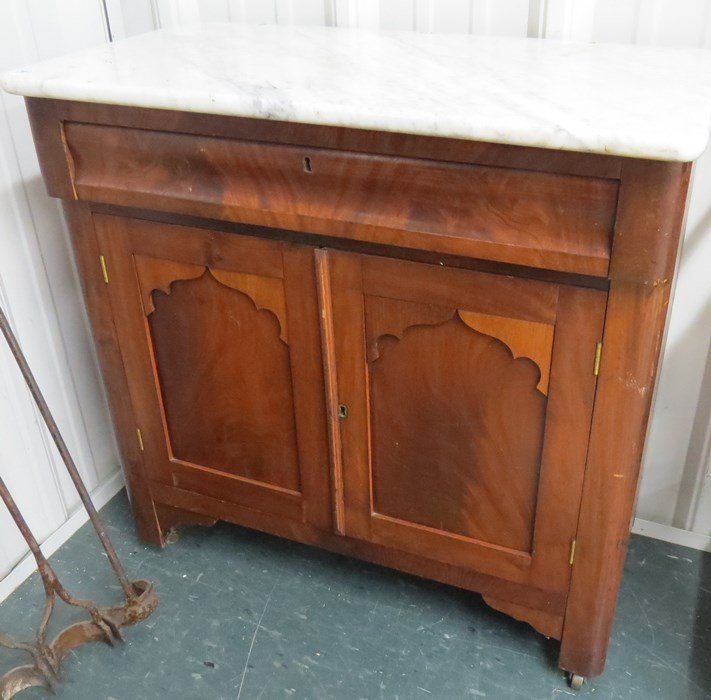 MAHOGANY MARBLE TOP COMMODE: MAHOGANY MARBLE TOP COMMODE. HEIGHT 31"; WIDTH 30"