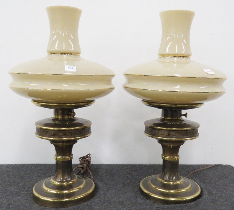 PAIR BRASS LAMPS WITH CUSTARD GLASS SHADES (1 of 2)