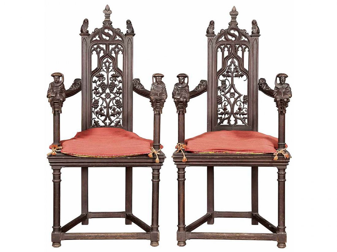 PAIR CONTINENTAL GOTHIC REVIVAL CARVED ARMCHAIRS (1 of 1)