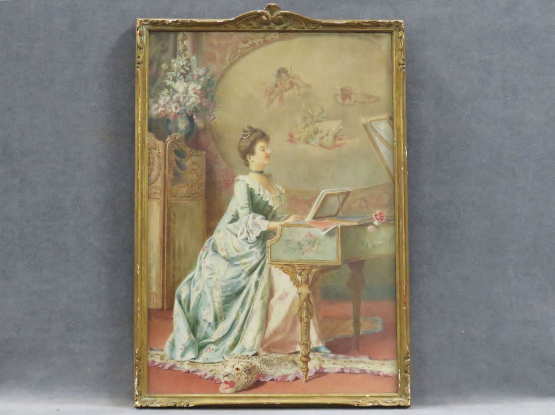 RENATO MORETTI (ITALIAN 1863-1913) WATERCOLOR: RENATO MORETTI (ITALIAN 1863-1913) WATERCOLOR AND GRAPHITE ON PAPER LAID DOWN ON BOARD, LADY AT HER PIANOFORTE, SIGNED R. MORETTI AND INSCRIBED ROMA. 20 5/8 X 13 7/8"; FRAMED AND GLAZED 22 X 15"