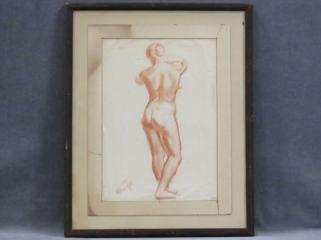 ALEXANDER YAKOVLEV (RUSSIAN 1887-1938) GRAPHITE: ALEXANDER YAKOVLEV (RUSSIAN 1887-1938) GRAPHITE AND SANGUINE CHALK ON PAPER, NUDE STUDY, SIGNED 1935. SIGHT 15 X 11"; FRAMED AND GLAZED 22 X 18"
