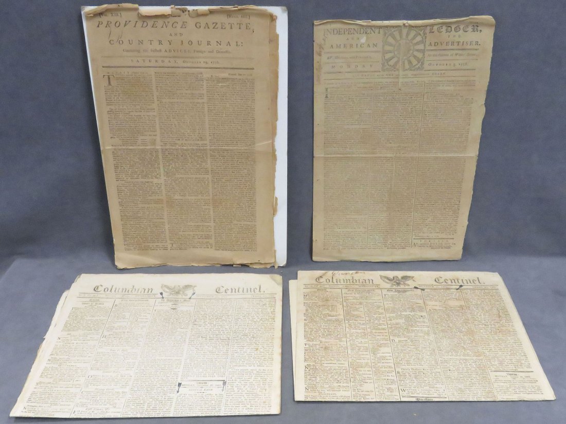 LOT (4) NEWSPAPERS INCLUDING PROVIDENCE GAZETTE: LOT (4) NEWSPAPERS INCLUDING PROVIDENCE GAZETTE, OCT 19, 1776; INDEPENDENT LEDGER, OCT 5, 1778; (2) COLUMBIAN CENTINEL, SEPT 25/30, 1805