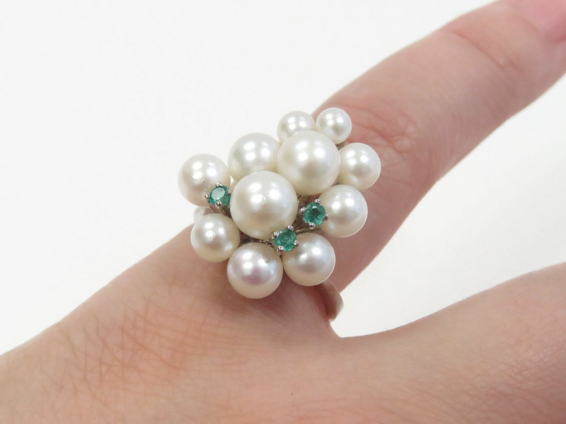 585 CLUSTER CULTURE PEARL AND EMERALD RING (1 of 3)