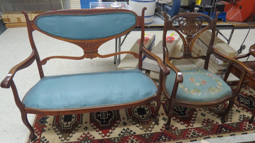 LOT (2) AESTHETIC CARVED FRUITWOOD INCLUDING SETTEE,: LOT (2) AESTHETIC CARVED FRUITWOOD INCLUDING SETTEE, LENGTH 44" AND ARMCHAIR