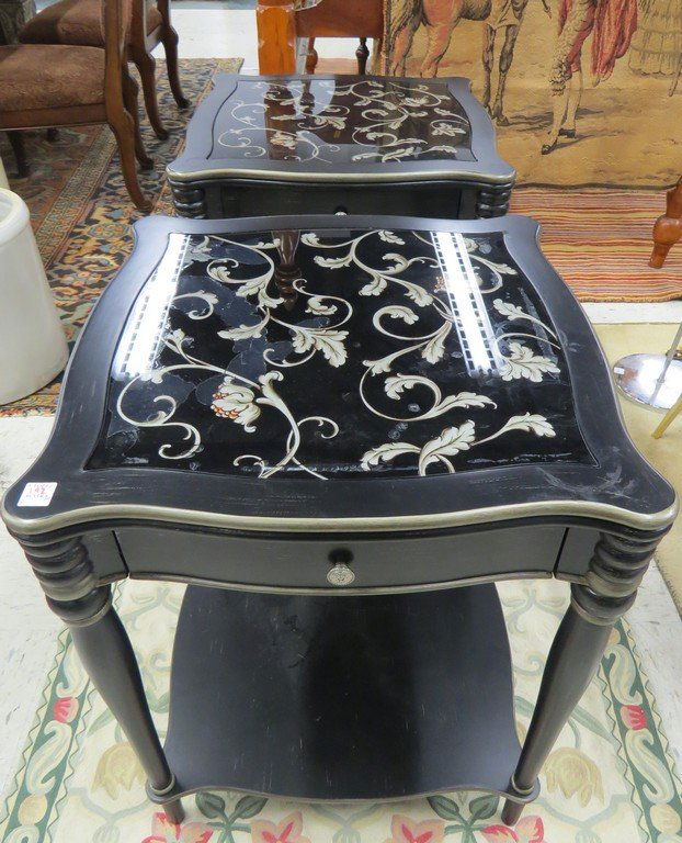 PAIR FRENCH STYLE PAINTED SINGLE-DRAWER GLASS INSET: PAIR FRENCH STYLE PAINTED SINGLE-DRAWER GLASS INSET STANDS. HEIGHT 28"; TOP 22 X 22"