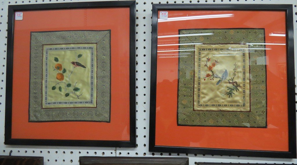 PAIR CHINESE EMBROIDERED SILK "MING SQUARES". FRAMED (1 of 5)