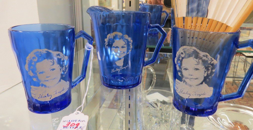 LOT (5) INCLUDING (3) SHIRLEY TEMPLE COBALT GLASS (1 of 2)