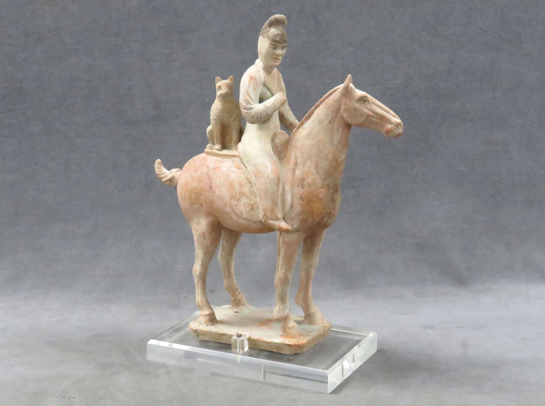 CHINESE DECORATED BUFF POTTERY EQUESTRIAN FIGURE WITH (1 of 4)