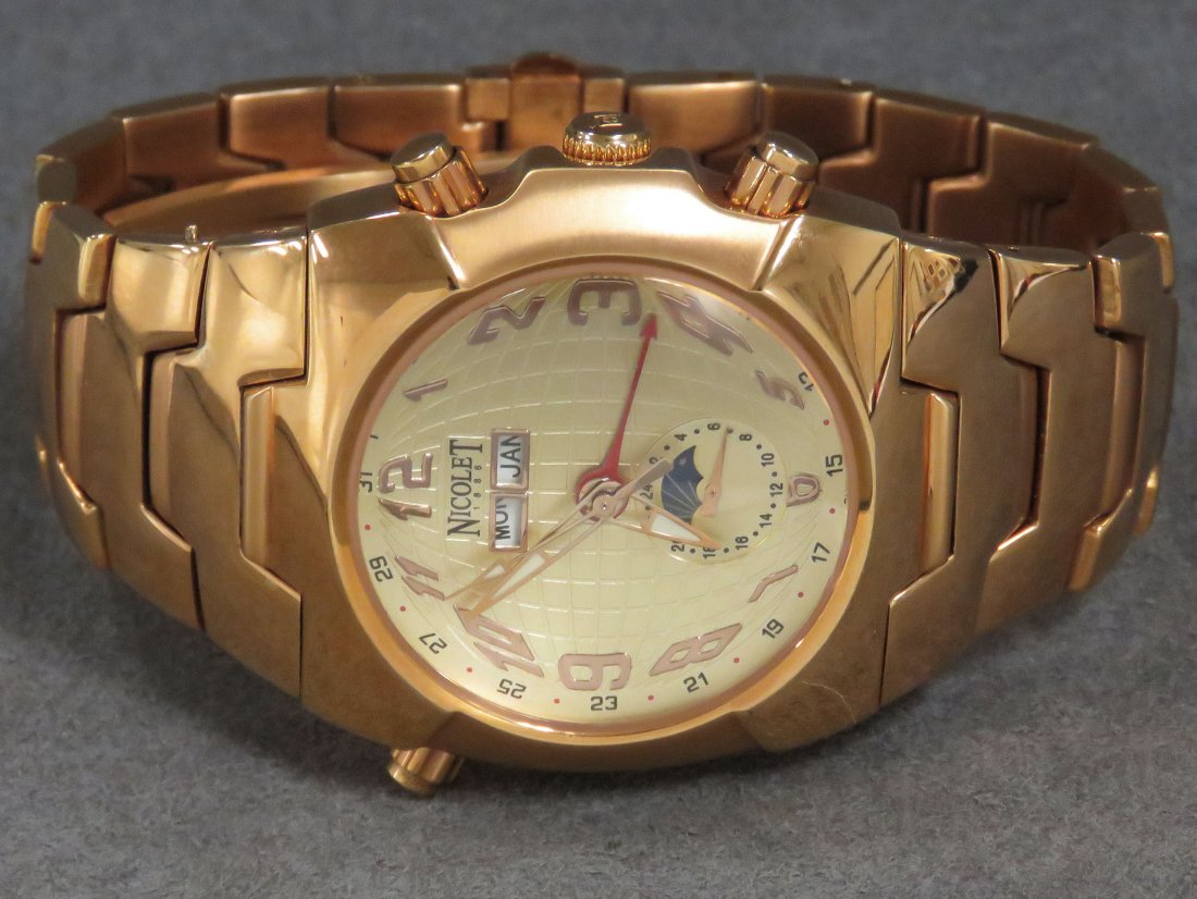 NICOLET GILT STAINLESS, 35-JEWEL AUTOMATIC MOON PHASE: NICOLET GILT STAINLESS, 35-JEWEL AUTOMATIC MOON PHASE CALENDAR WRISTWATCH WITH BRACELET BAND