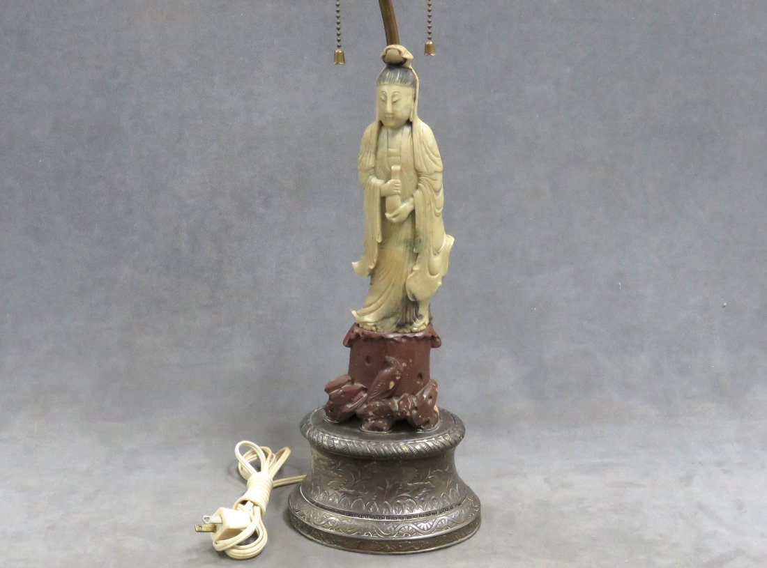 CHINESE CARVED SOAPSTONE FIGURAL LAMP WITH PATINATED (1 of 9)