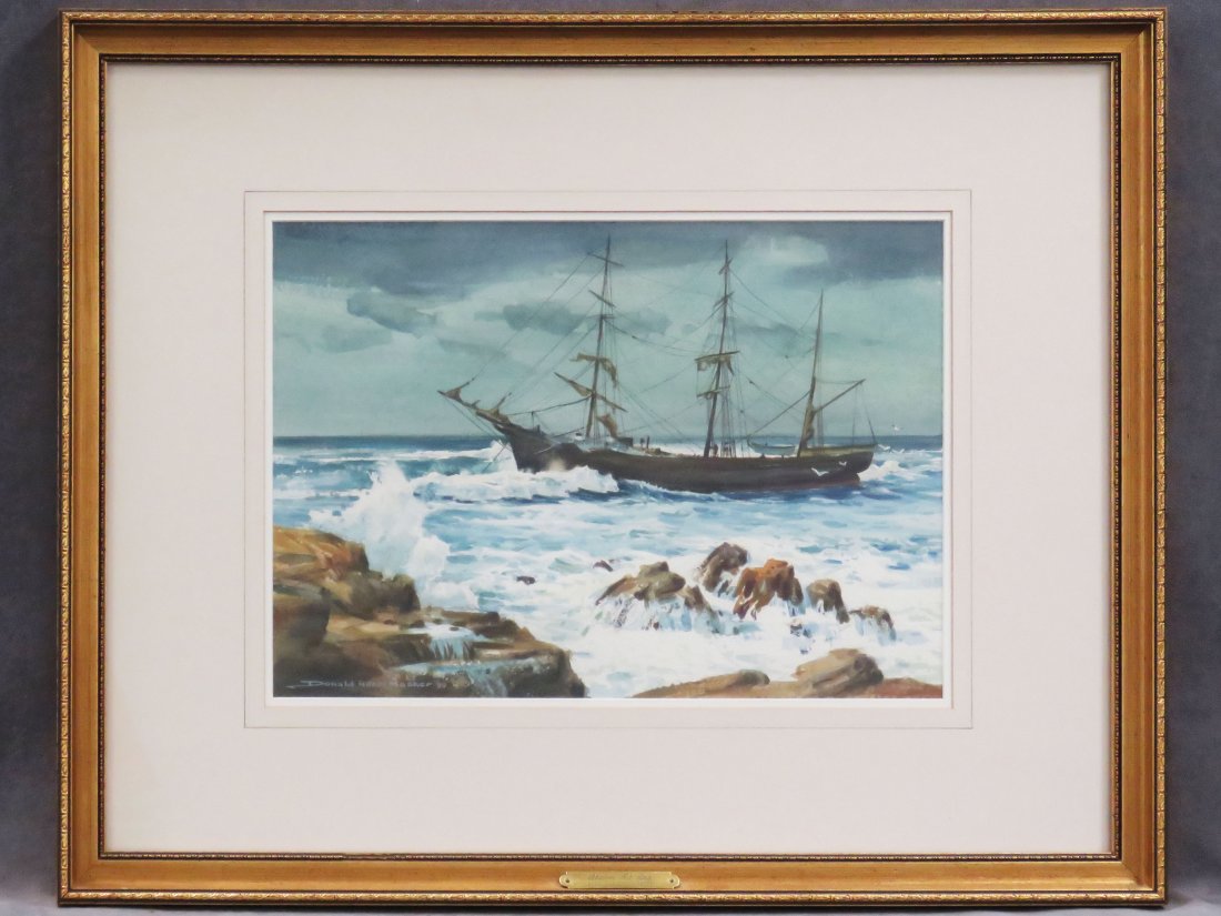 DONALD ALLEN MOSHER (AMERICAN 1945-), WATERCOLOR,: DONALD ALLEN MOSHER (AMERICAN 1945-), WATERCOLOR, "STORM AT SEA", SIGNED 1989. SIGHT 11 5/8 X 17"; FRAMED AND GLAZED-22 X 28"