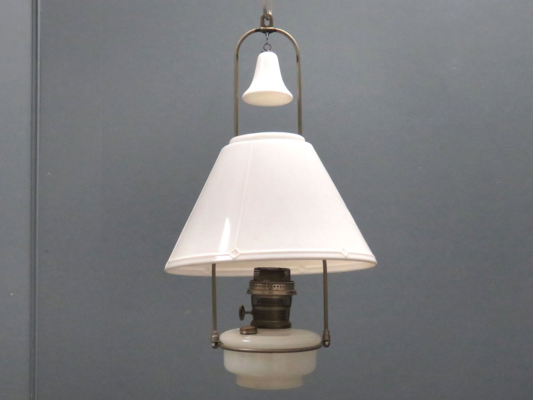 ALADDIN MILK GLASS HANGING STORE FIXTURE, COMPLETE.: ALADDIN MILK GLASS HANGING STORE FIXTURE, COMPLETE. HEIGHT 22"