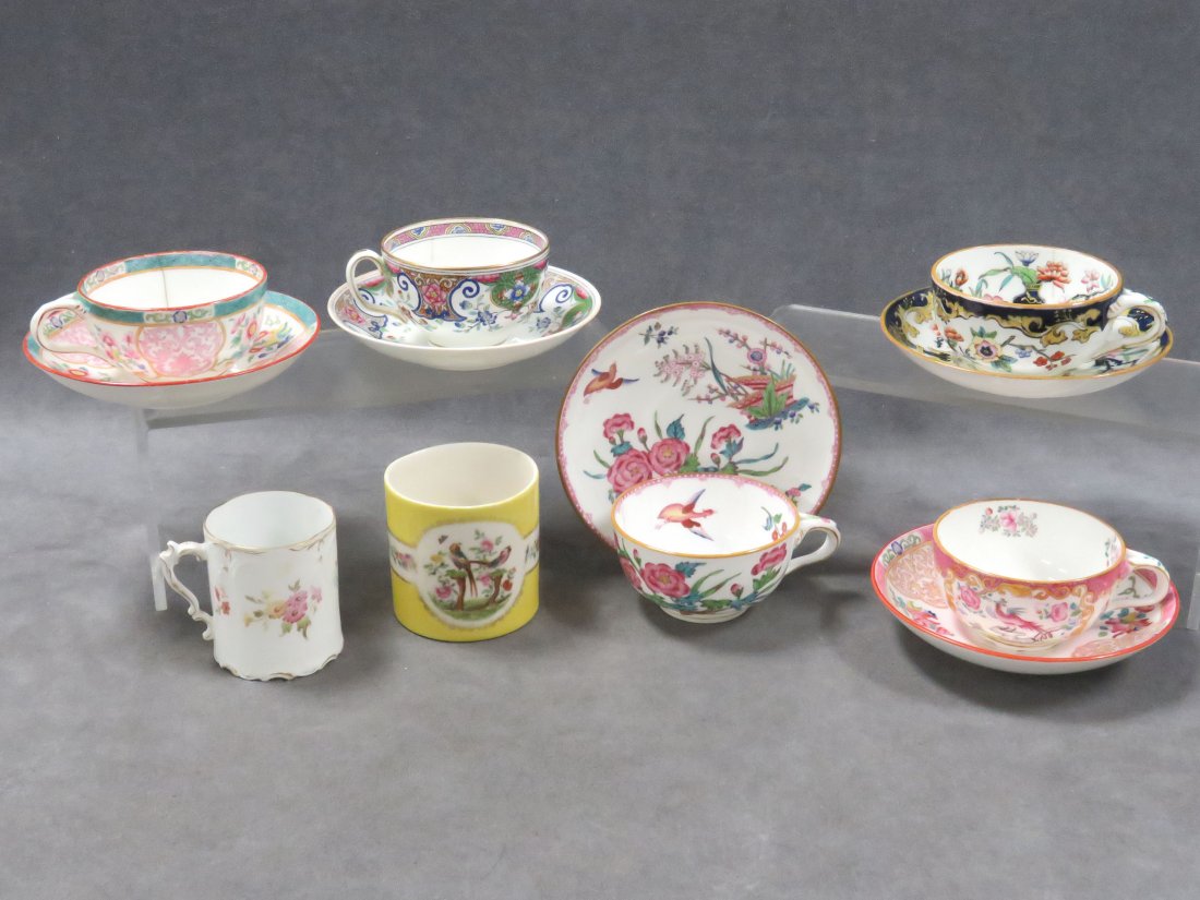 LOT (7) INCLUDING (5) MINTON'S DECORATED PORCELAIN: LOT (7) INCLUDING (5) MINTON'S DECORATED PORCELAIN TEACUPS AND SAUCERS AND (2) GERMAN CUPS (YELLOW CUP/HAIRLINES)