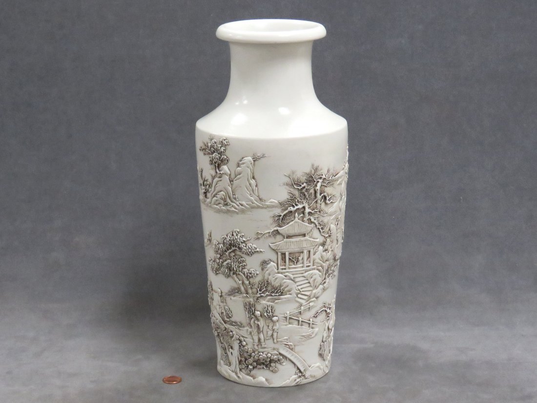 CHINESE REPOUSSE BISCUIT PORCELAIN CYLINDER VASE, (1 of 6)