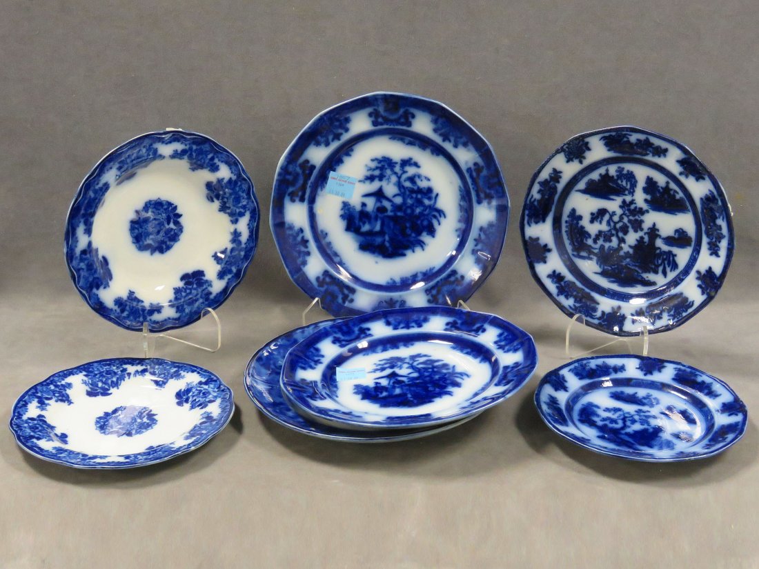 LOT (7) ASSORTED FLOW BLUE PLATES INCLUDING CHAPOO, (1 of 7)