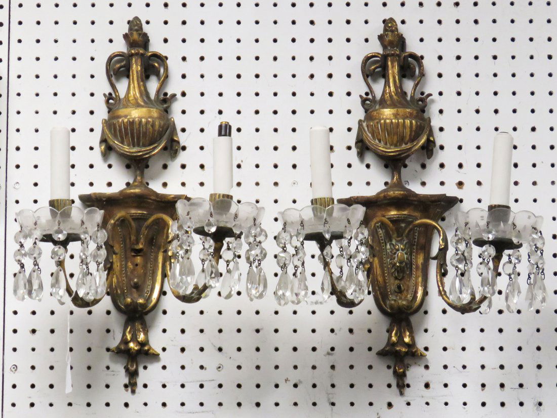 PAIR ANTIQUE GILT BRASS AND CRYSTAL SCONCES. HEIGHT 21" (1 of 3)