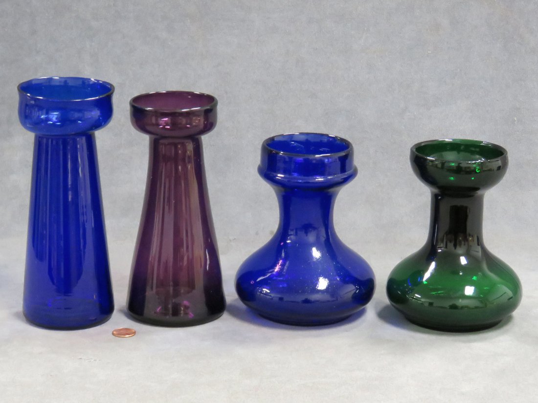 LOT (4) ASSORTED BLOWN GLASS HYACINTH FORCING VASES,