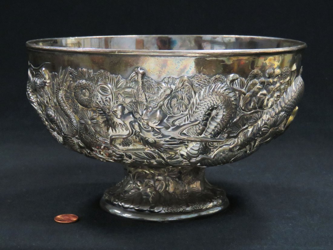 JAPANESE "LEADED SILVER" REPOUSSE DRAGON BOWL. HEIGHT 5: JAPANESE "LEADED SILVER" REPOUSSE DRAGON BOWL. HEIGHT 5 1/2"; DIAMETER 9"