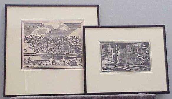 LOT (2) WOODCUTS, FISKE BOYD: LOT (2) WOODCUTS INCLUDING FIGURES IN LANDSCAPE, SIGNED/INSCRIBED FISKE BOYD (AMERICAN 1895-1975). PLATES 10 1/2 X 13 1/4" & 6 X 10" (MILD TONING/FOXING)