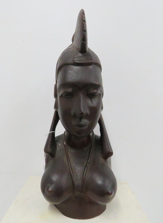 MALAY CARVED HARDWOOD BUST OF A YOUNG WOMAN. HEIGHT 17": MALAY CARVED HARDWOOD BUST OF A YOUNG WOMAN. HEIGHT 17"