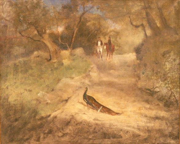 OIL ON CANVAS, "THE RIGHT WAY", ATTRIBUTED INNESS: OIL ON CANVAS, "THE RIGHT WAY", ATTRIBUTED TO GEORGE INNESS JR. (AMERICAN N.A. 1853-1926). 15 1/2 X 18 1/2" REF. KAYCEE BENTON, INNESS JR. INDEX COMPLIED 1929-41 SMITHSONIAN AMERICAN ART INVENTORY #1A