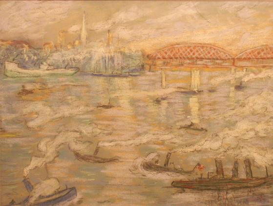 PASTEL/GRAPHITE, SHIPPING IN THE HARBOR: PASTEL/GRAPHITE, SHIPPING IN THE HARBOR, MANNER OF REGINALD MARSH (AMERICAN 1898-1954). 18 1/2 X 24 1/2"