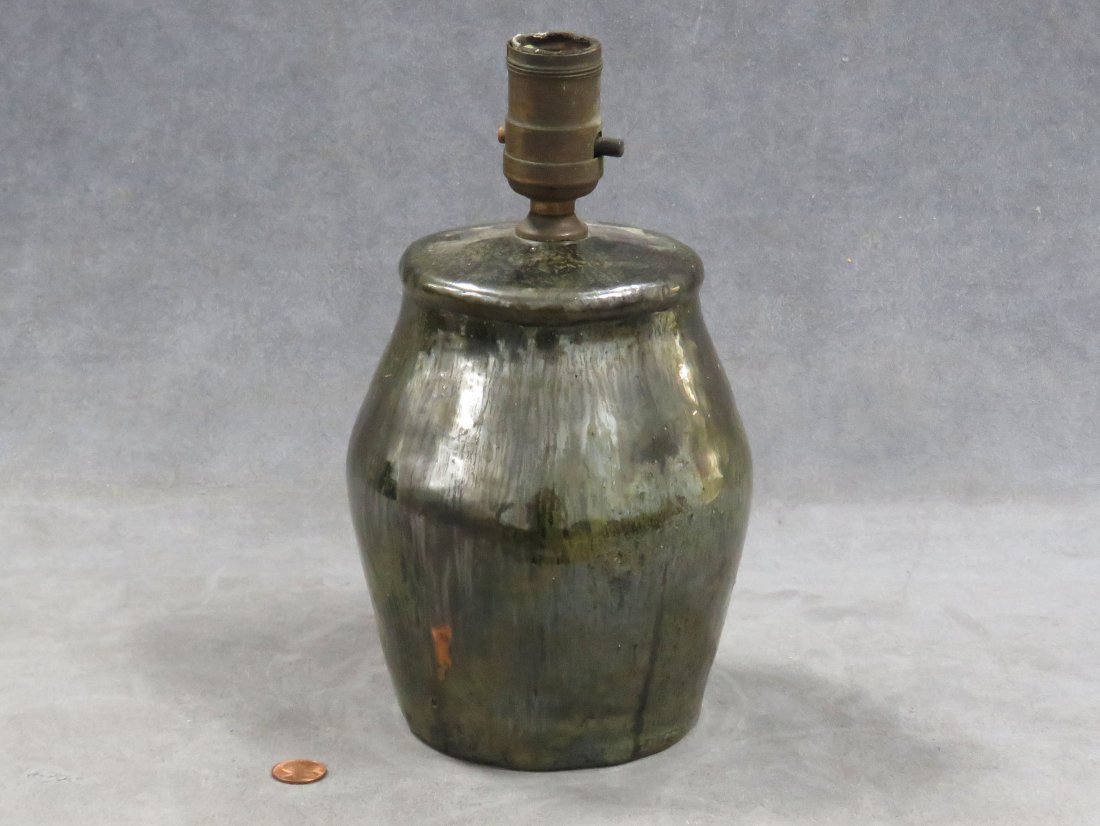 VINTAGE FREY GLAZED ART POTTERY LAMP BASE, SIGNED. (1 of 6)