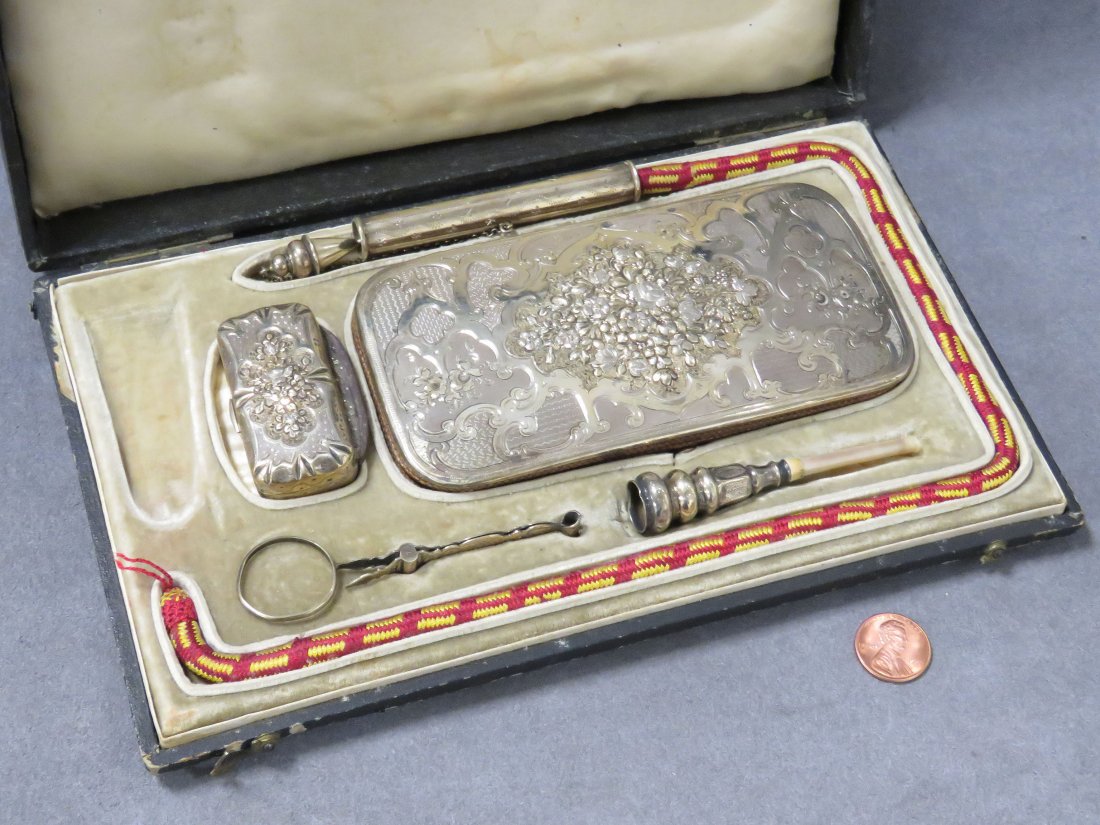 VINTAGE FRENCH SILVER SMOKE (CHEROOT) SET, CASED, 19TH (1 of 4)