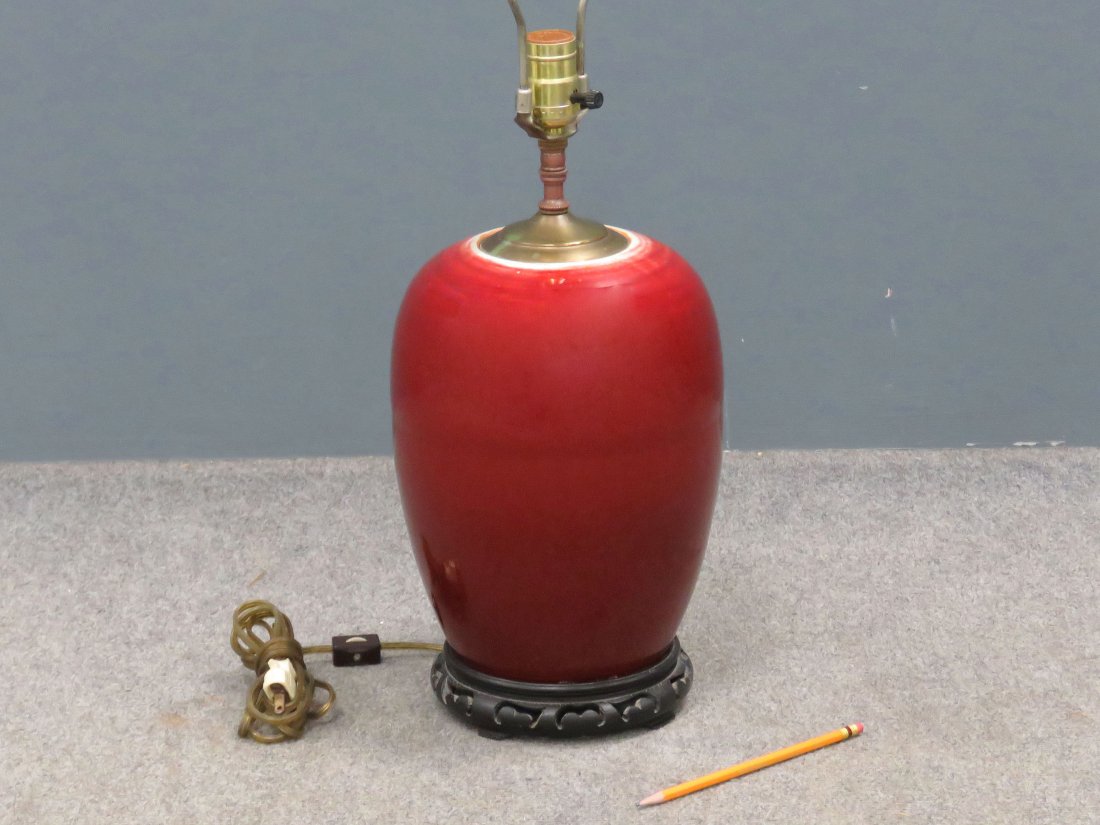 CHINESE SANG DE BEOUF OVID VASE, MOUNTED AS A LAMP,: CHINESE SANG DE BEOUF OVID VASE, MOUNTED AS A LAMP, 19TH CENTURY. HEIGHT 12"