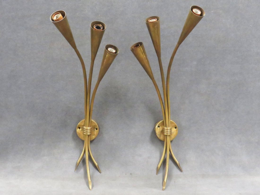 PAIR KARL SPRINGER STYLE "SHEET" BRASS WALL SCONCES. (1 of 6)
