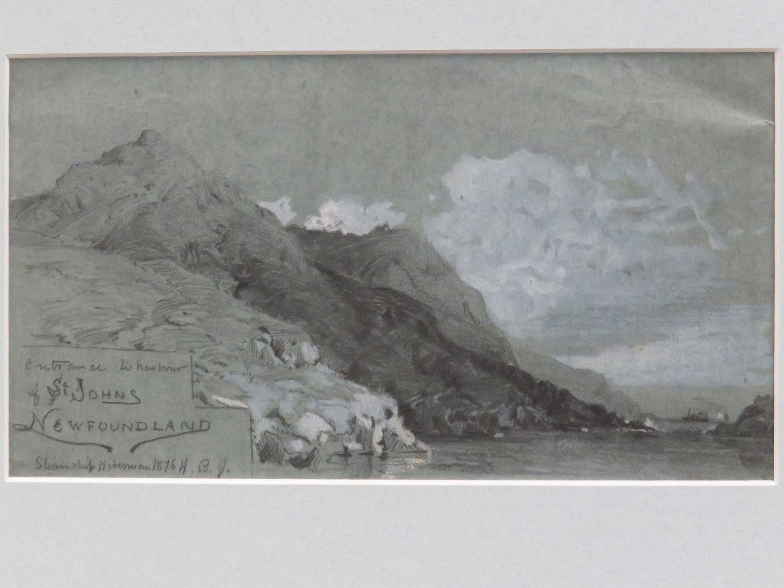 HUGH BOLTON JONES (AMERICAN/FRANCE 1848-1927), GRAPHITE: HUGH BOLTON JONES (AMERICAN/FRANCE 1848-1927), GRAPHITE AND GOUACHE ON BLUE PAPER, "ENTRANCE TO HARBOR OF ST. JOHNS NEWFOUNDLAND, STEAMSHIP HIBERNIA 1876", SIGNED AND TITLED. SIGHT 4 1/2 X 8"; FRAMED
