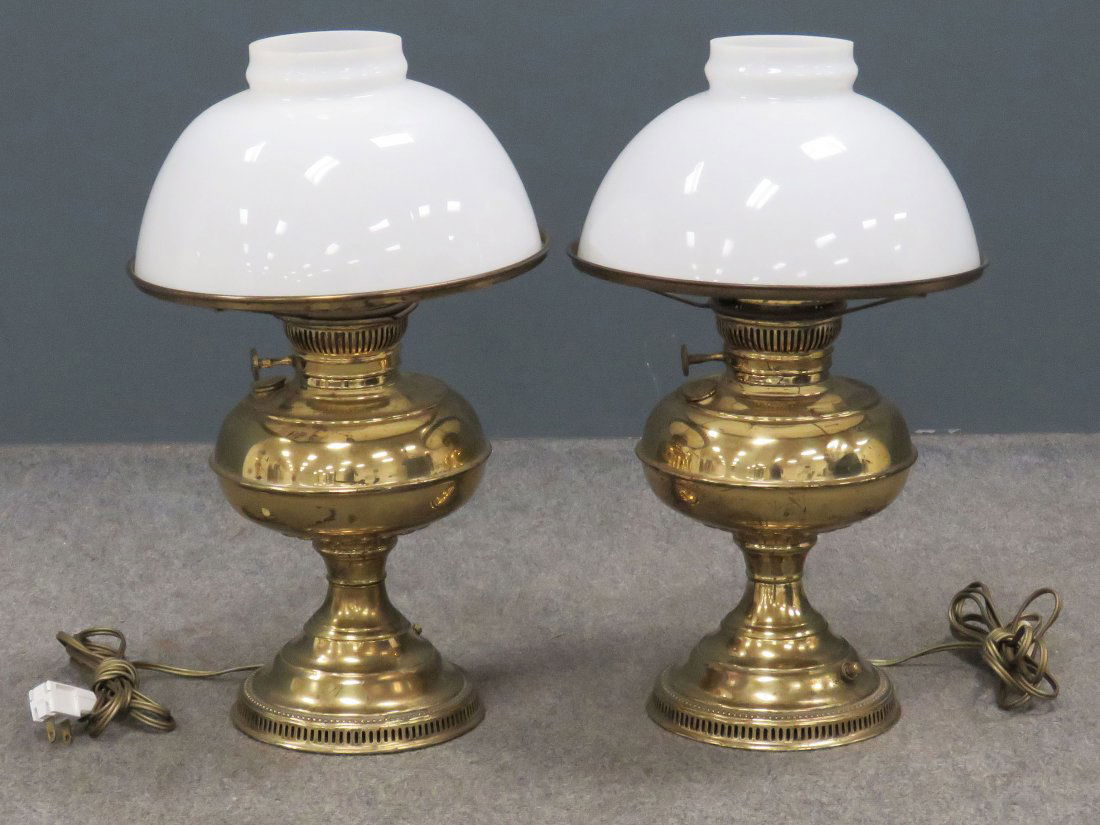 PAIR RAYO BRASS PEDESTAL OIL LAMPS, ELECTRIFIED. HEIGHT (1 of 3)