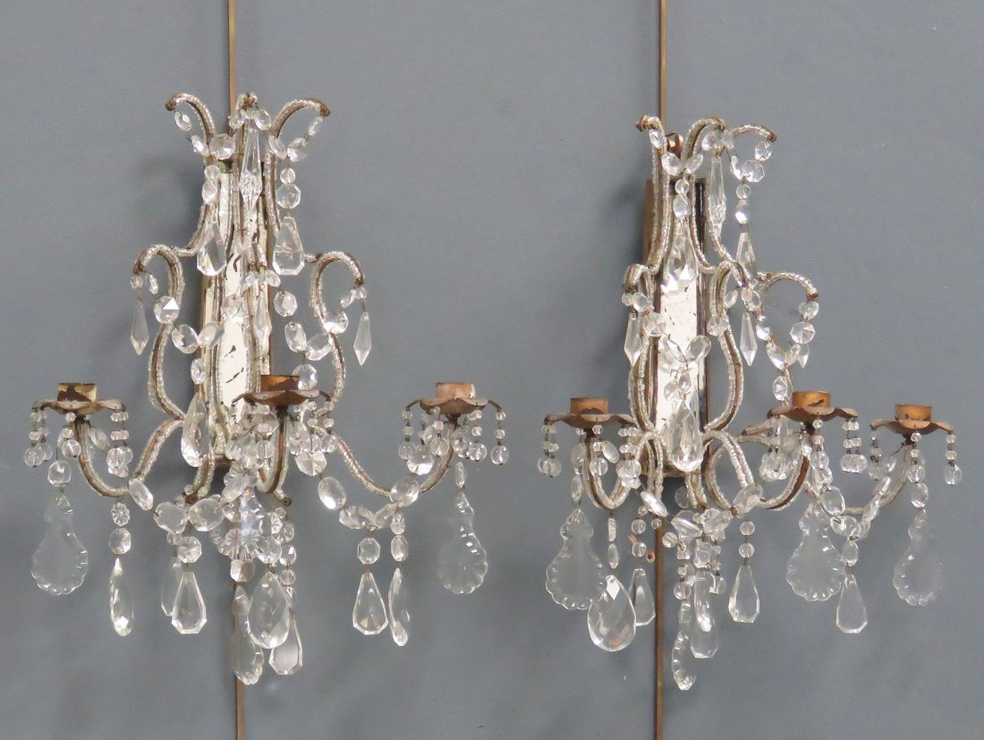 PAIR FRENCH MIRROR AND CRYSTAL 3-ARM SCONCES, 19/20TH (1 of 6)