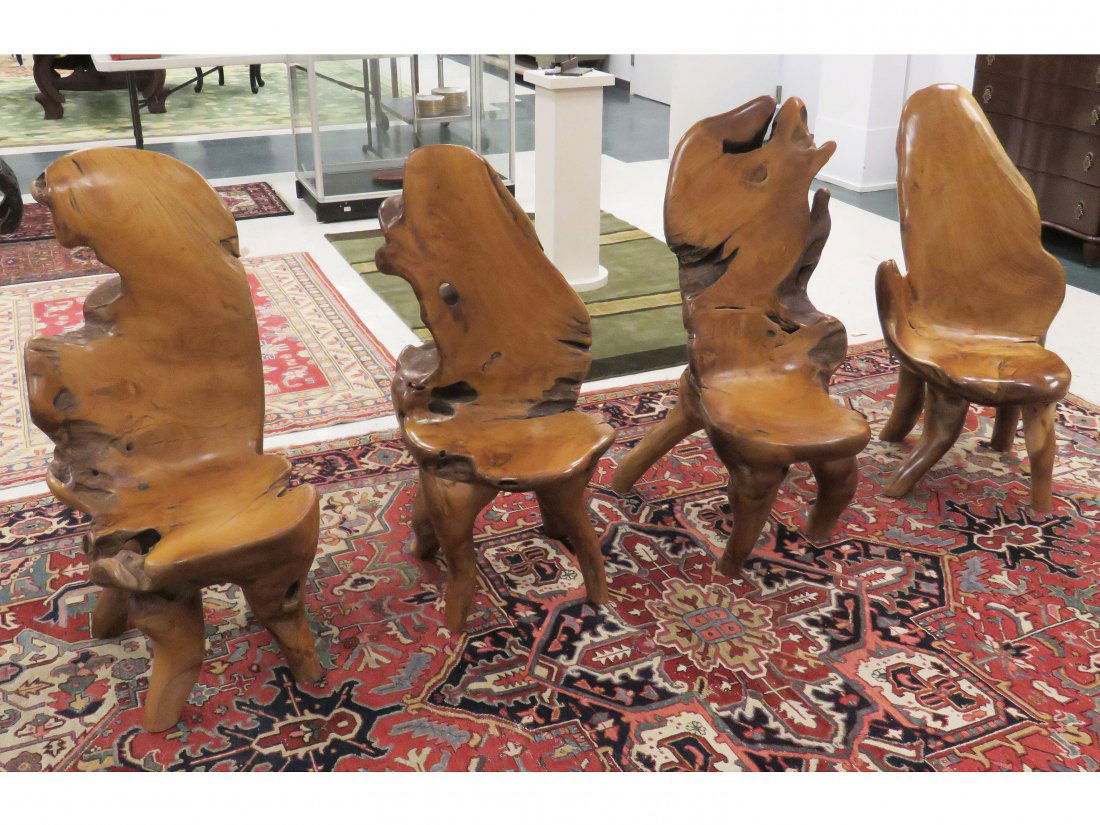 SET (4) RECLAIMED TEAK ROOT WOOD CHAIRS. HEIGHT 43 1/4" (1 of 3)