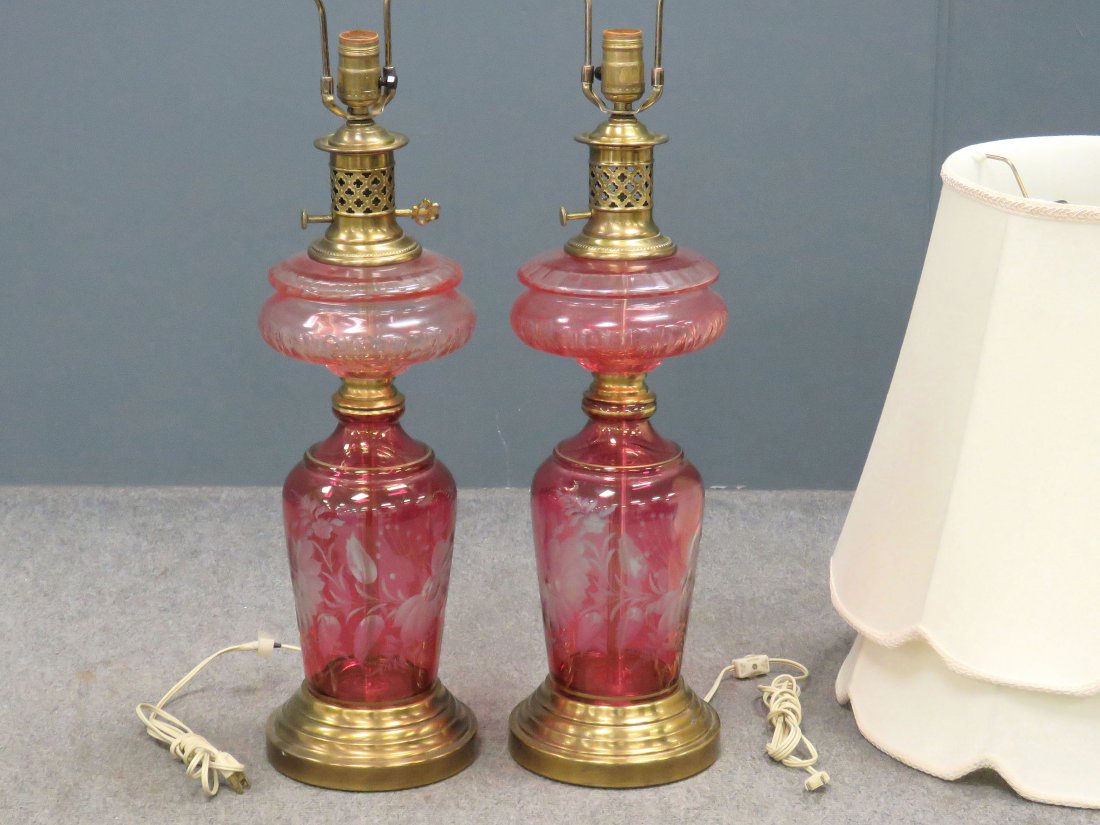 PAIR MID-CENTURY CRANBERRY CUT-TO-CLEAR GLASS TABLE (1 of 3)