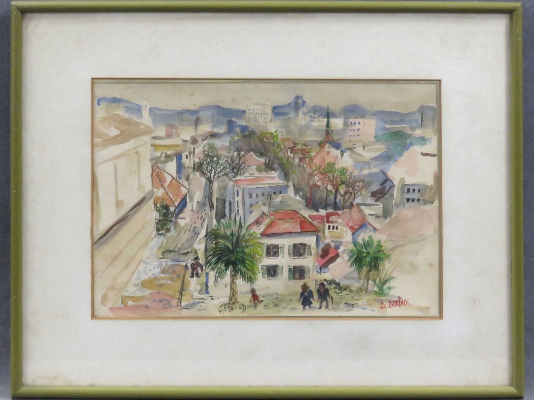 DAVID DAVIDOVICH BURLIUK (RUSSIAN/AMERICAN 1882-1967),: DAVID DAVIDOVICH BURLIUK (RUSSIAN/AMERICAN 1882-1967), WATERCOLOR, STREET SCENE WITH FIGURES, SIGNED. 9 1/2 X 13 1/2"; FRAMED AND GLAZED-16 X 20"