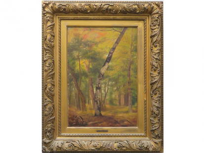 MANNER OF JERVIS MCENTEE (AMERICAN 1828-1891) OIL ON: MANNER OF JERVIS MCENTEE (AMERICAN 1828-1891) OIL ON CANVAS LAID ON BOARD, WOODED LANDSCAPE WITH BIRCHES, BEARS SIGNATURE. 17 X 12"; PERIOD FRAME 25 X 20"